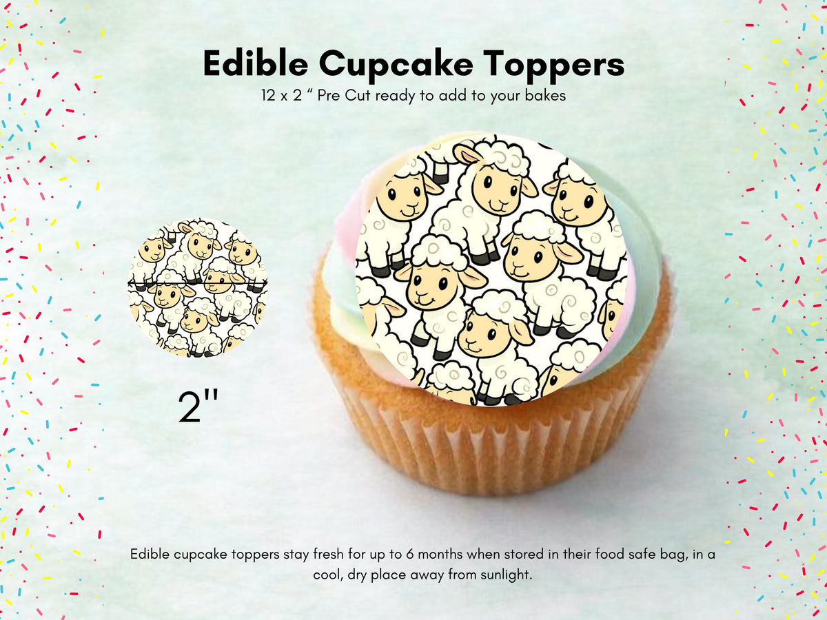 Cute Lamb Edible Cupcake Toppers 12 x 2" Precut Wafer Paper, Card or Icing Sheet