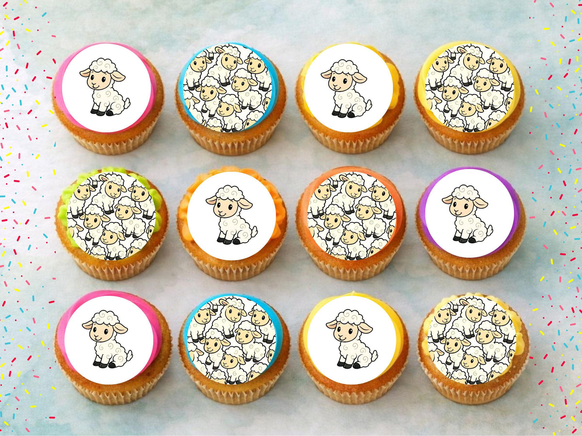 Cute Lamb Edible Cupcake Toppers 12 x 2" Precut Wafer Paper, Card or Icing Sheet