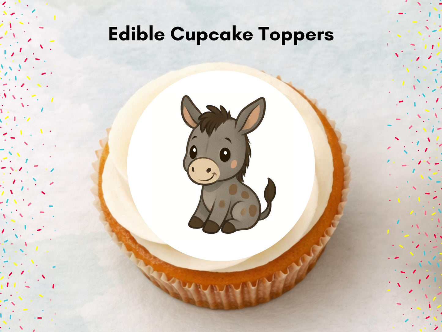 Cute Donkey Edible Cupcake Toppers 12 x 2" Precut Wafer Paper, Icing Sheet or Wafer Card