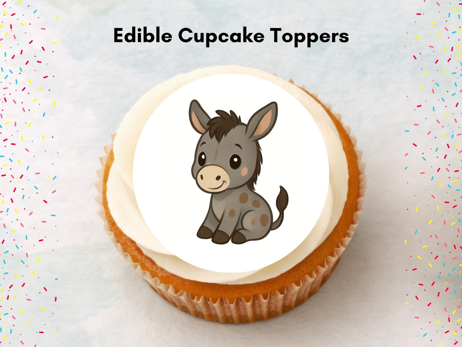 Cute Donkey Edible Cupcake Toppers 12 x 2" Precut Wafer Paper, Icing Sheet or Wafer Card