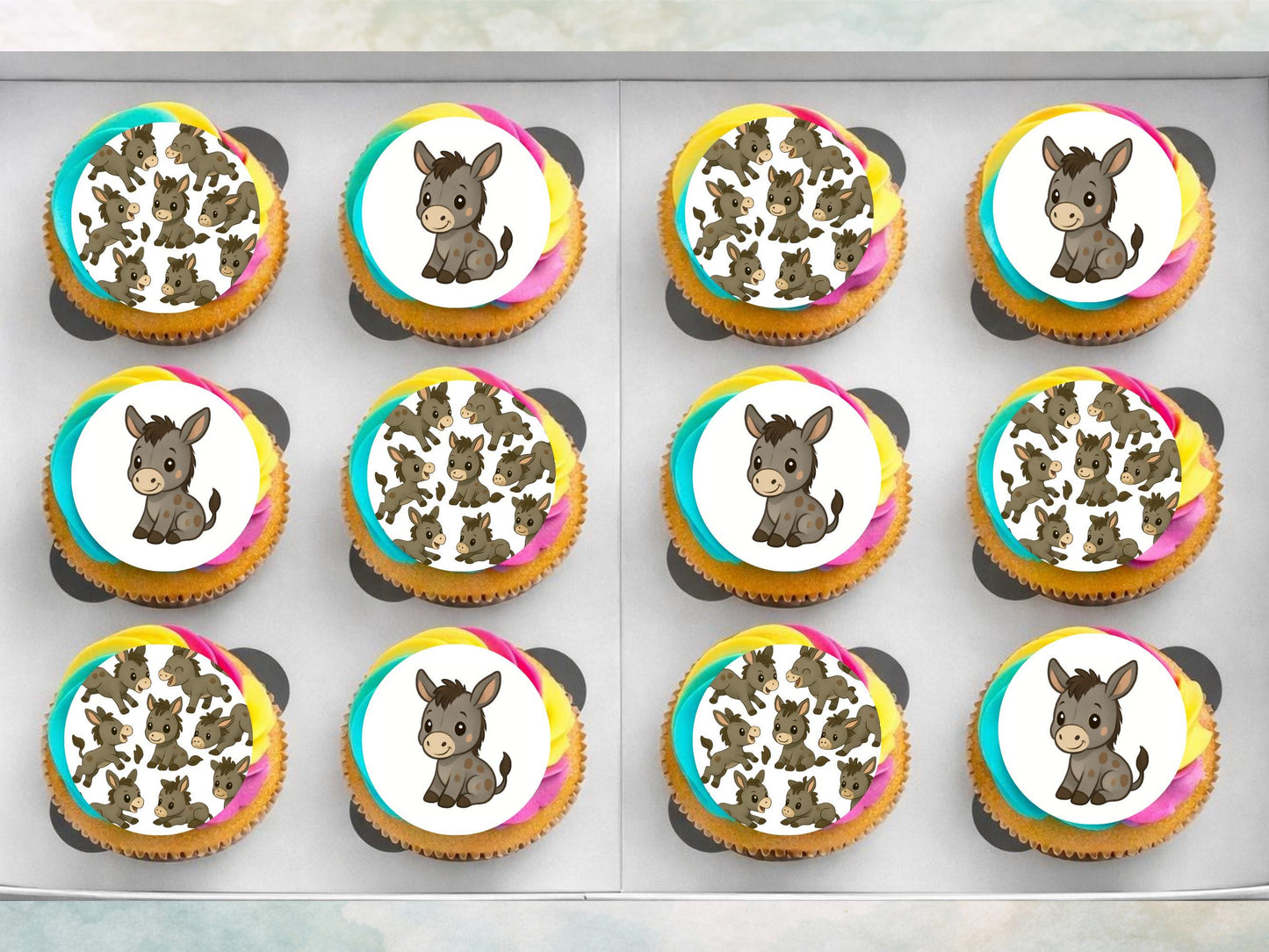 Cute Donkey Edible Cupcake Toppers 12 x 2" Precut Wafer Paper, Icing Sheet or Wafer Card