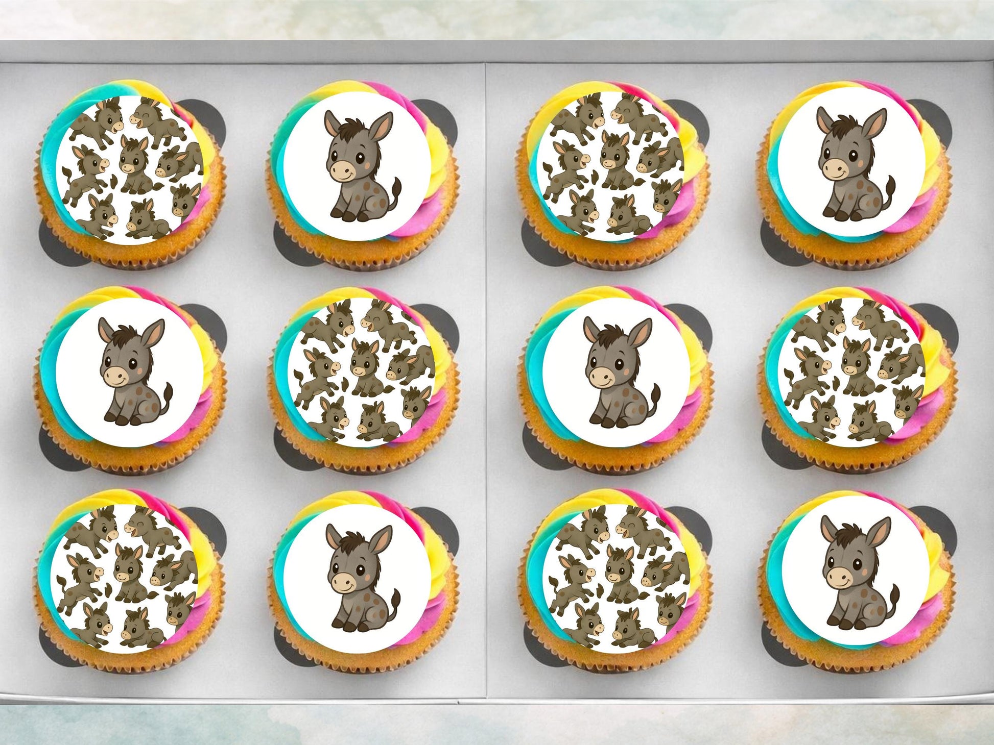 Cute Donkey Edible Cupcake Toppers 12 x 2" Precut Wafer Paper, Icing Sheet or Wafer Card