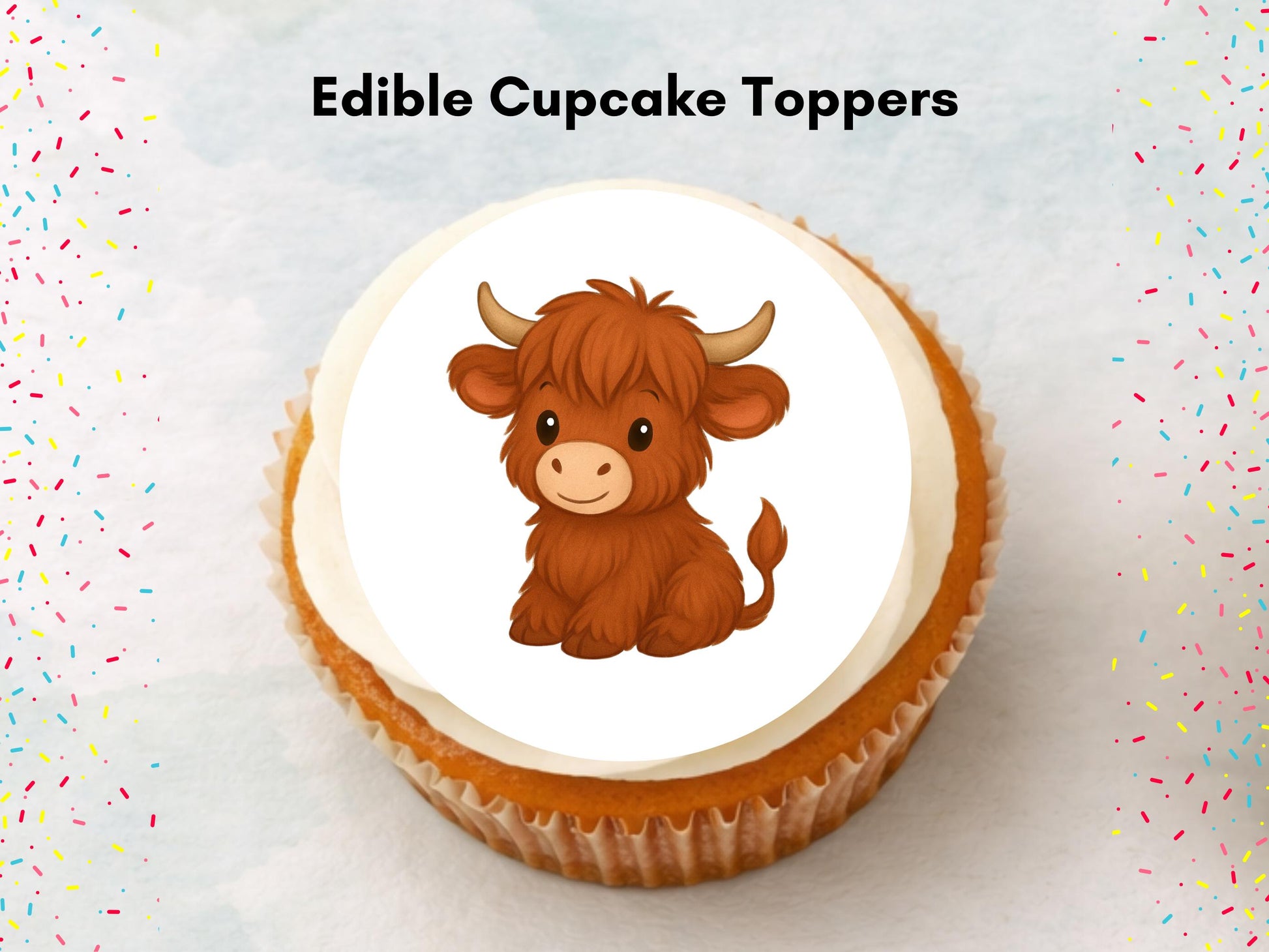 Highland Cow Edible Cupcake Toppers: 12 x 2" Wafer Paper, Card, or Icing sheet