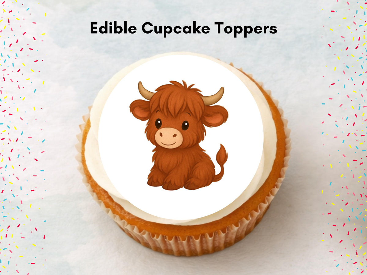Highland Cow Edible Cupcake Toppers: 12 x 2" Wafer Paper, Card, or Icing sheet
