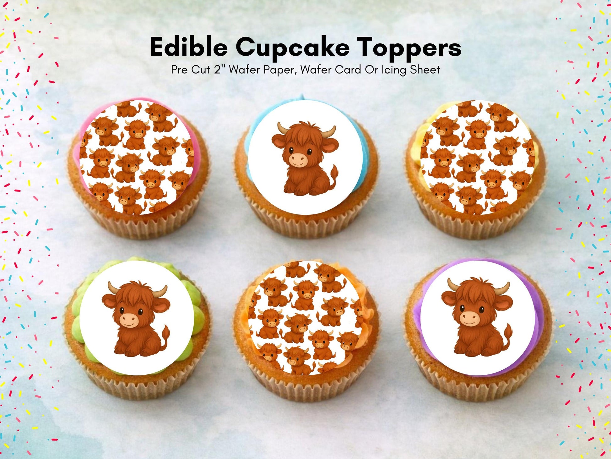Highland Cow Edible Cupcake Toppers: 12 x 2" Wafer Paper, Card, or Icing sheet