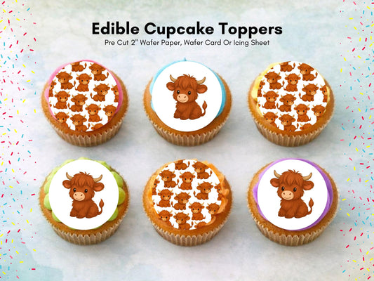Highland Cow Edible Cupcake Toppers: 12 x 2" Wafer Paper, Card, or Icing sheet