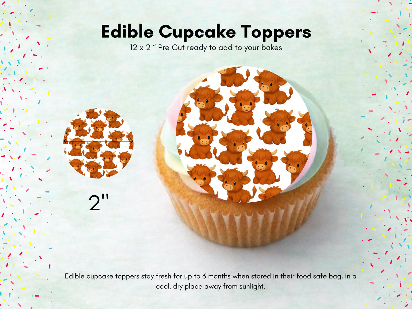 Highland Cow Edible Cupcake Toppers: 12 x 2" Wafer Paper, Card, or Icing sheet