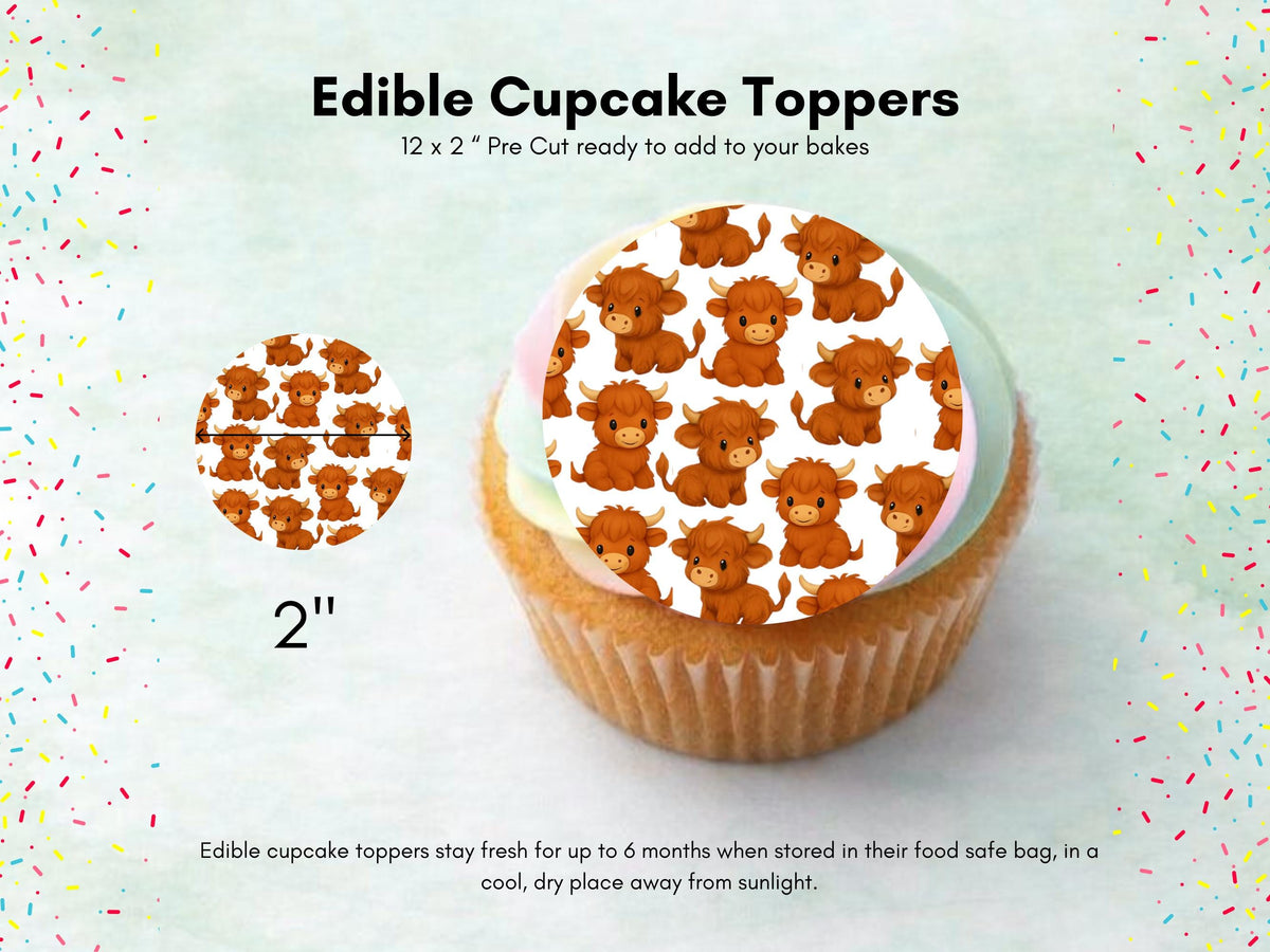 Highland Cow Edible Cupcake Toppers: 12 x 2" Wafer Paper, Card, or Icing sheet