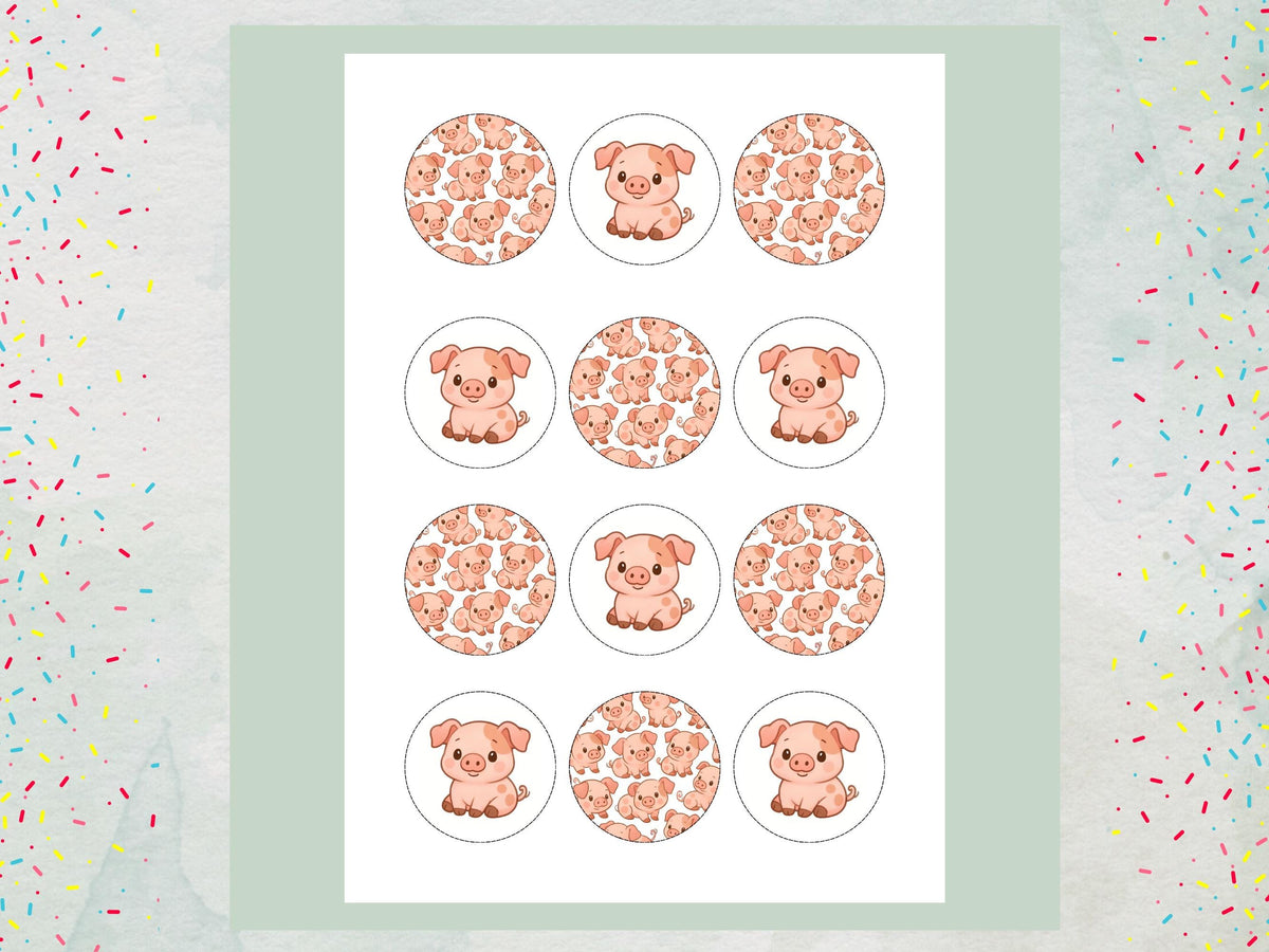Cute Pig Edible Birthday Cupcake Toppers 12 x 2"– Pre cut Wafer Paper, Card or Icing Sheet