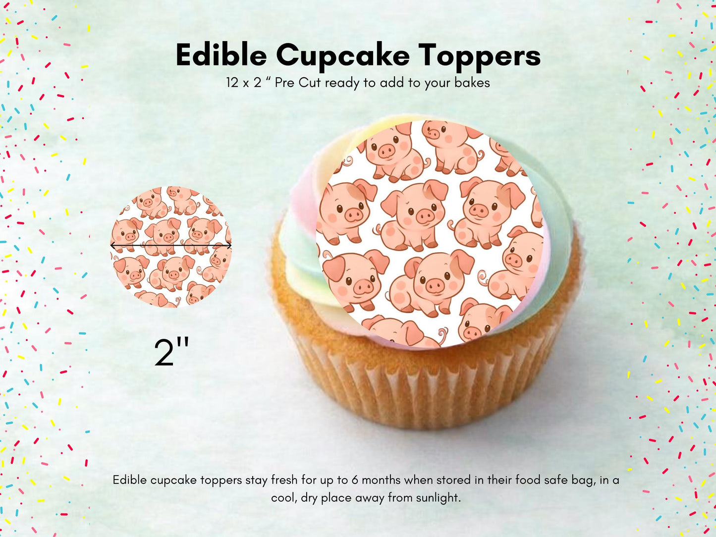 Cute Pig Edible Birthday Cupcake Toppers 12 x 2"– Pre cut Wafer Paper, Card or Icing Sheet