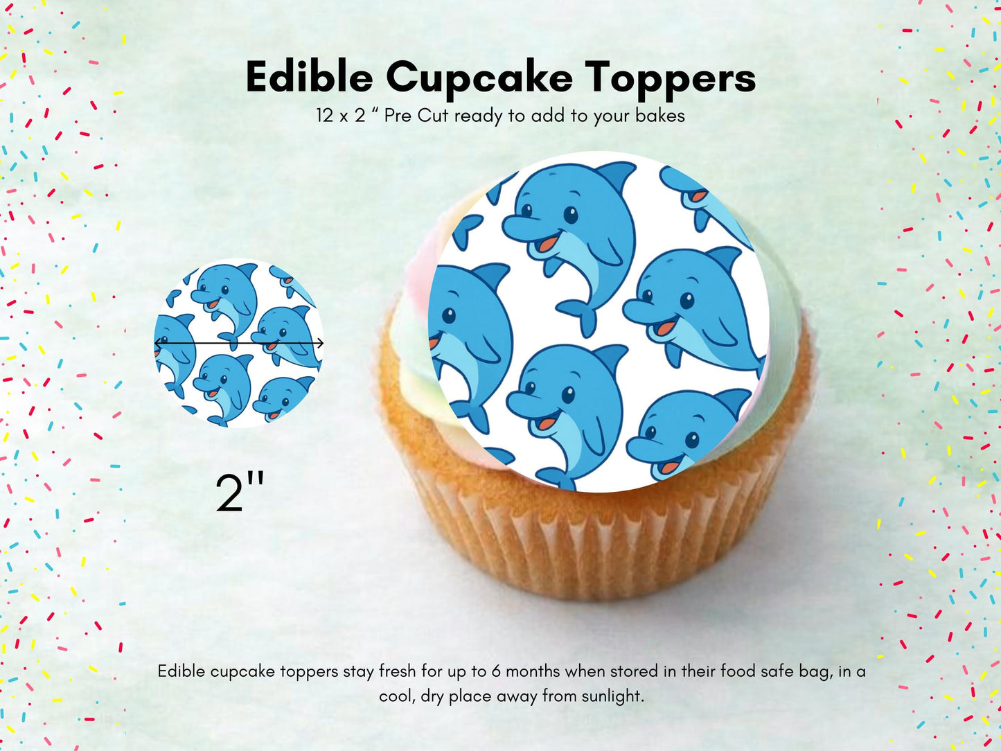 Dolphin Edible Cupcake Toppers 12 x 2" Precut Wafer Paper, Card or Icing Sheet