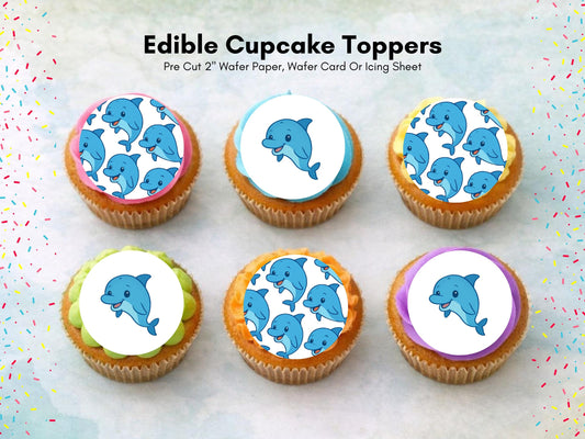 Dolphin Edible Cupcake Toppers 12 x 2" Precut Wafer Paper, Card or Icing Sheet