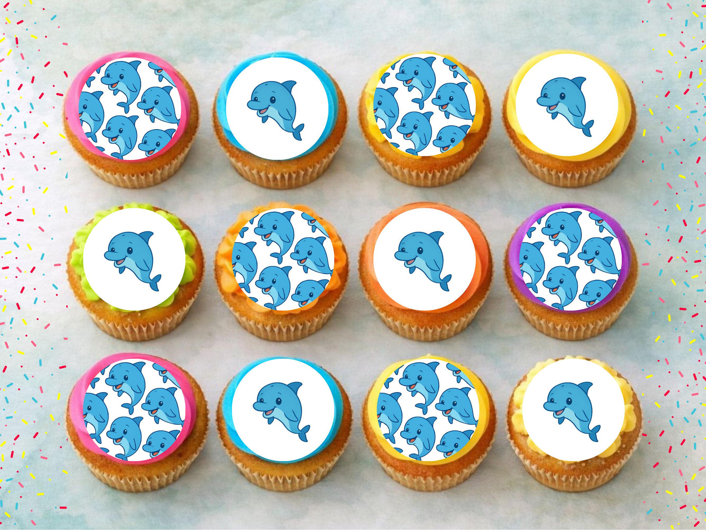 Dolphin Edible Cupcake Toppers 12 x 2" Precut Wafer Paper, Card or Icing Sheet