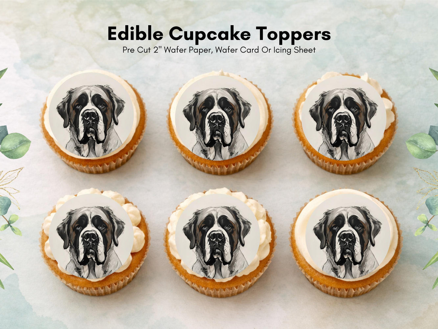 St Bernard Edible Cupcake Toppers: 2" Wafer Paper, Card or Icing
