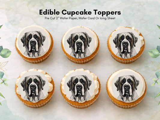 St Bernard Edible Cupcake Toppers: 2" Wafer Paper, Card or Icing