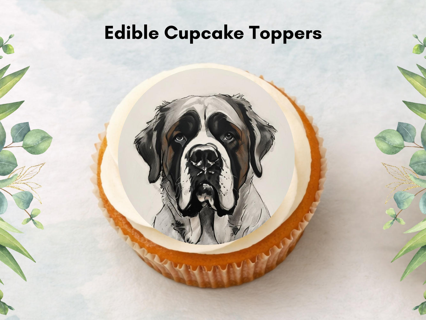 St Bernard Edible Cupcake Toppers: 2" Wafer Paper, Card or Icing