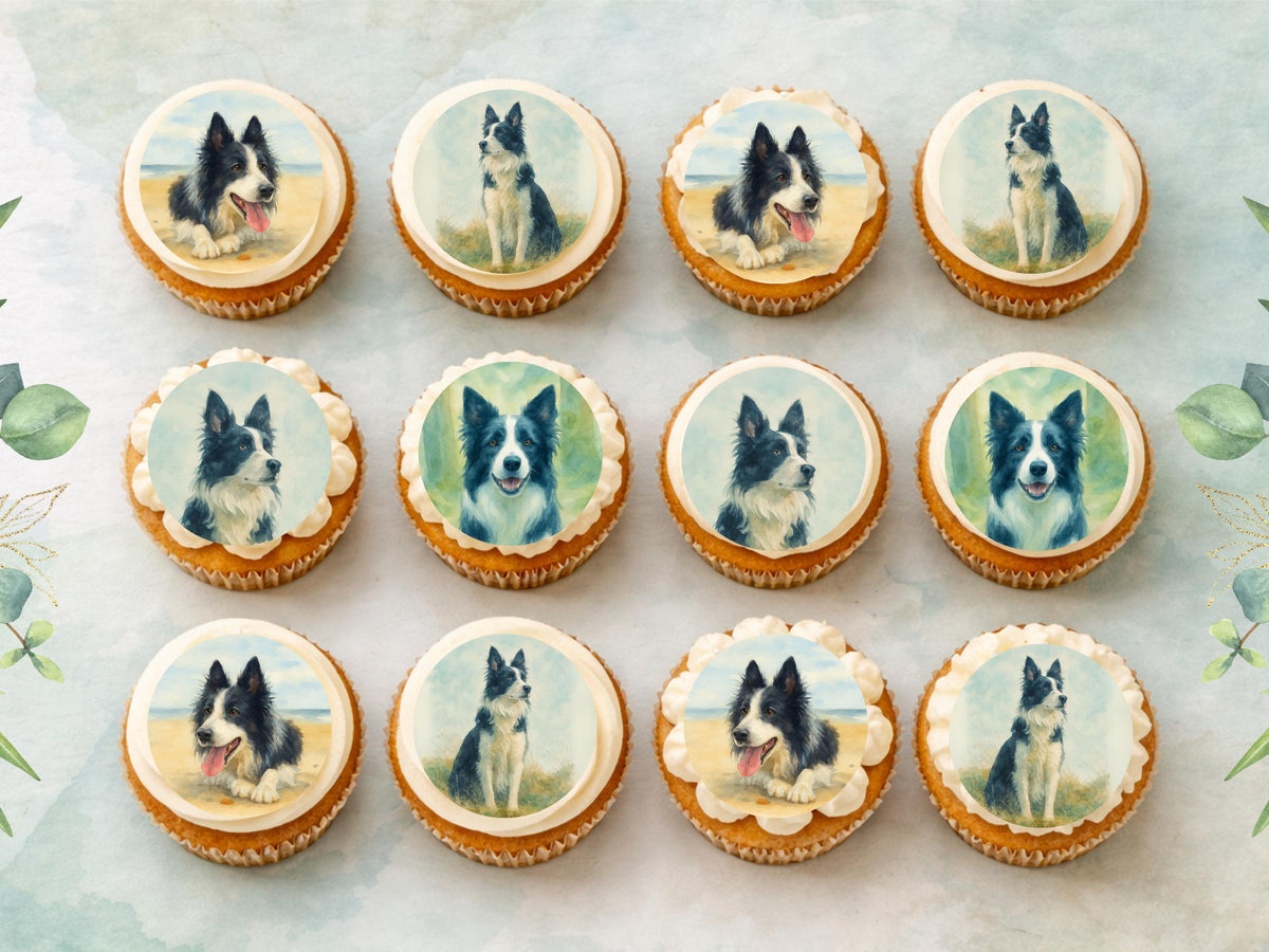 Border Collie Edible Cupcake Toppers 12 x 2" Dog Cake Toppers