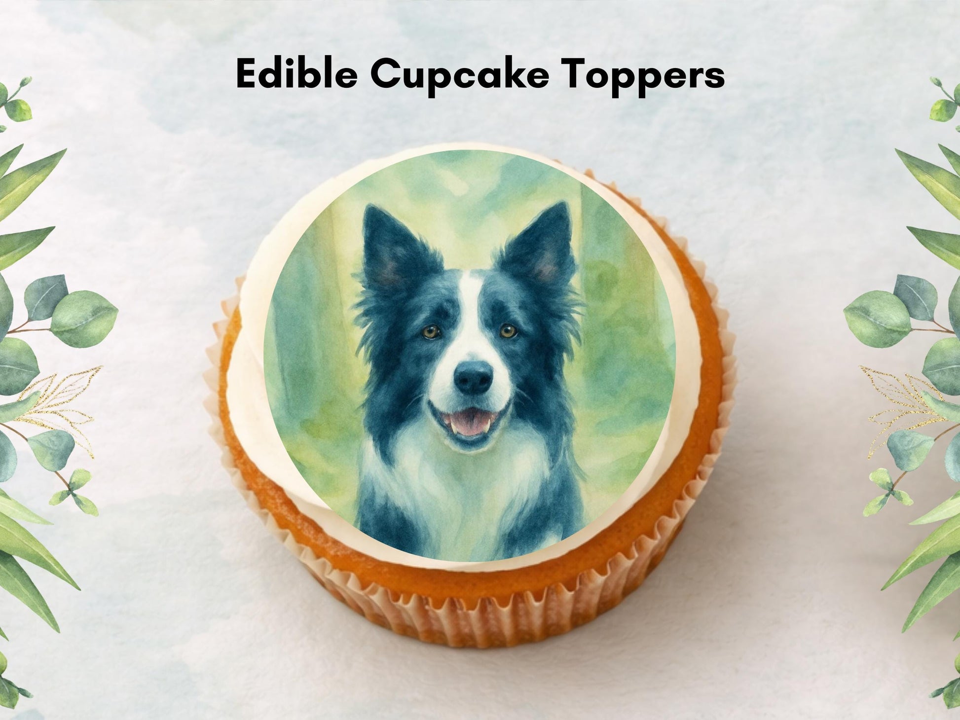 Border Collie Edible Cupcake Toppers 12 x 2" Dog Cake Toppers
