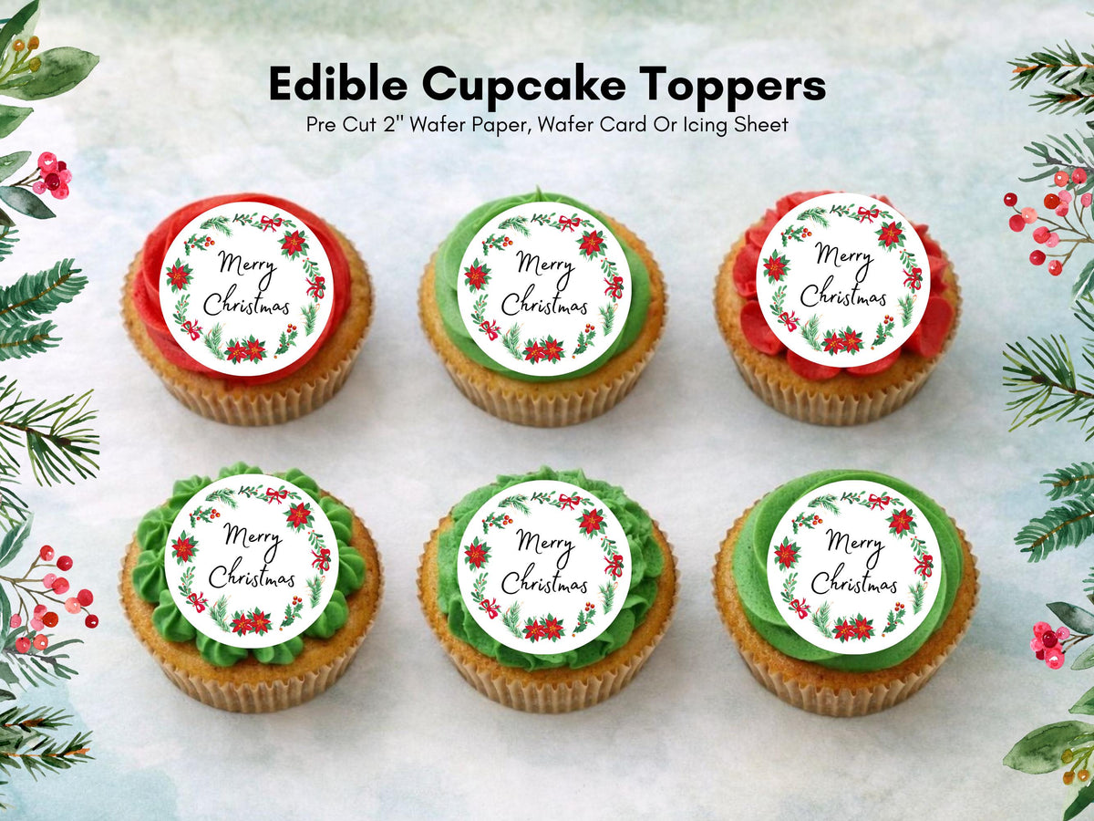 Merry Christmas Edible Cupcake Toppers – Wreath Cake Decorations