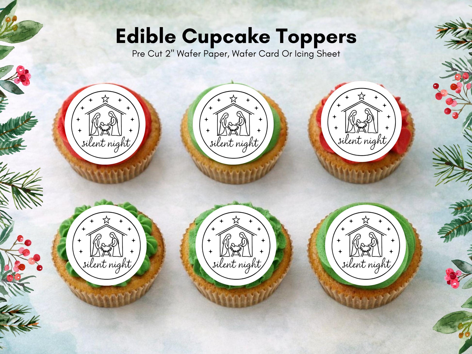 Christmas Nativity Edible Cupcake Toppers: 12 x 2" Wafer Paper, Card, or Icing