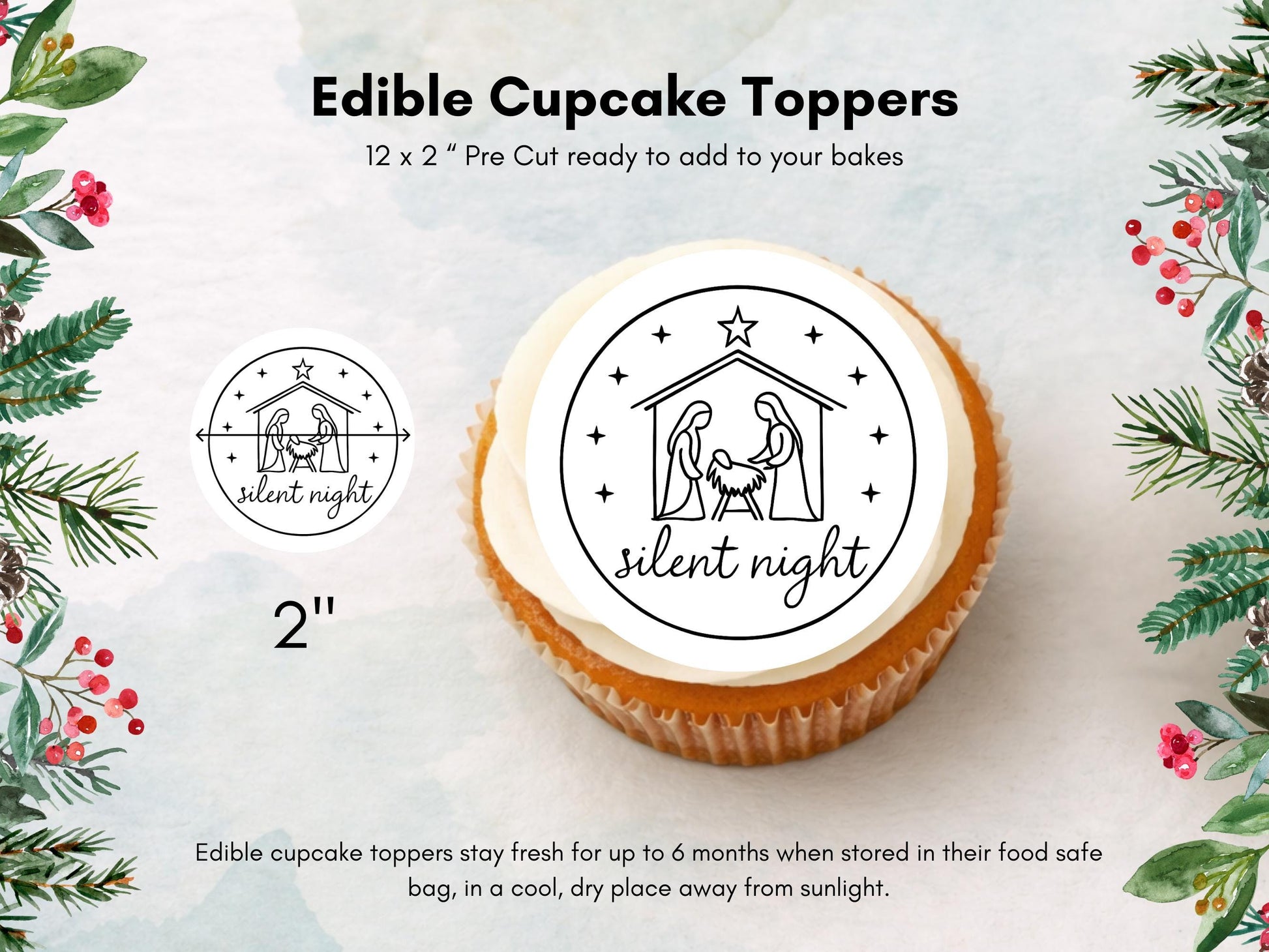 Christmas Nativity Edible Cupcake Toppers: 12 x 2" Wafer Paper, Card, or Icing