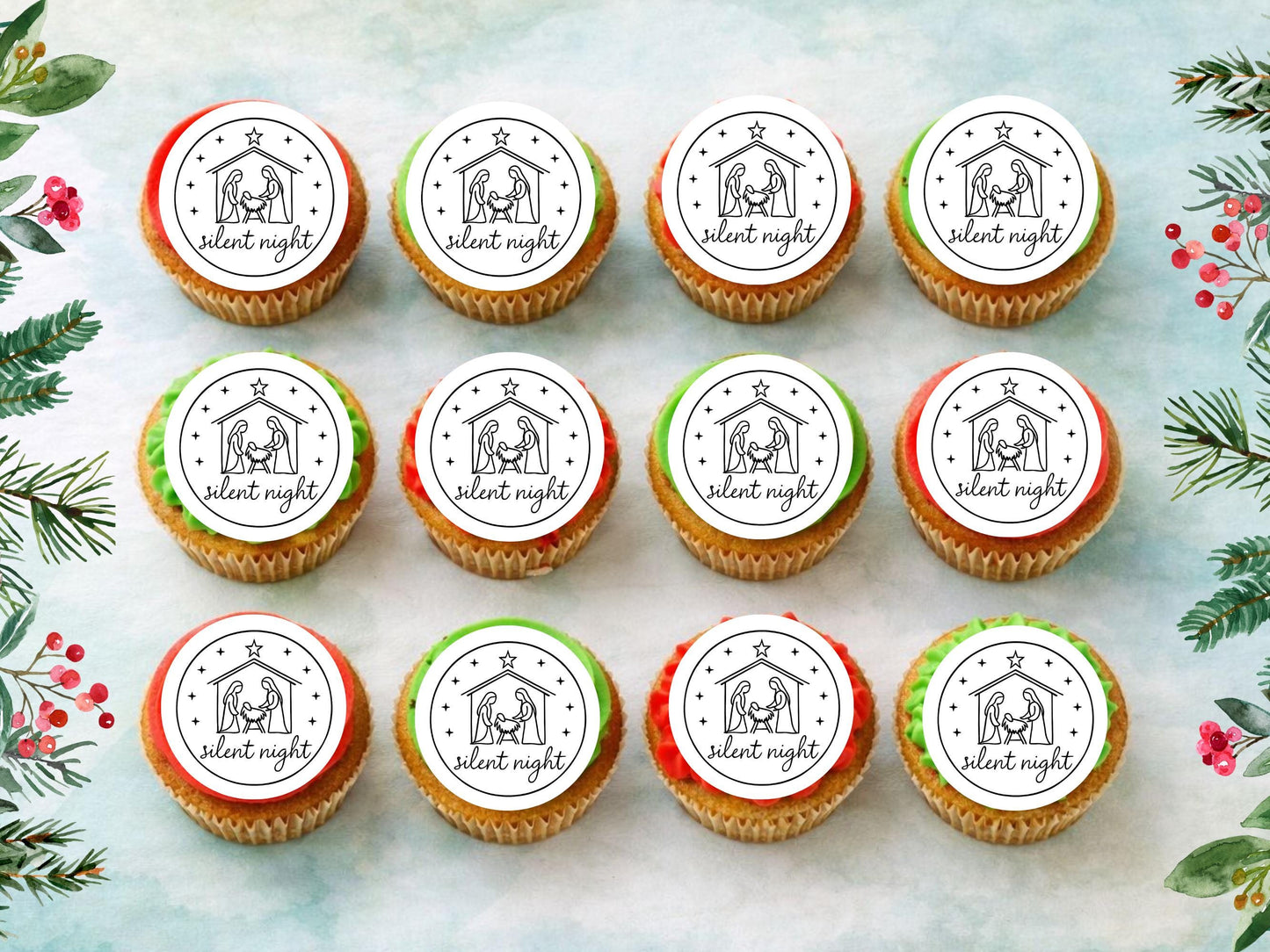 Christmas Nativity Edible Cupcake Toppers: 12 x 2" Wafer Paper, Card, or Icing