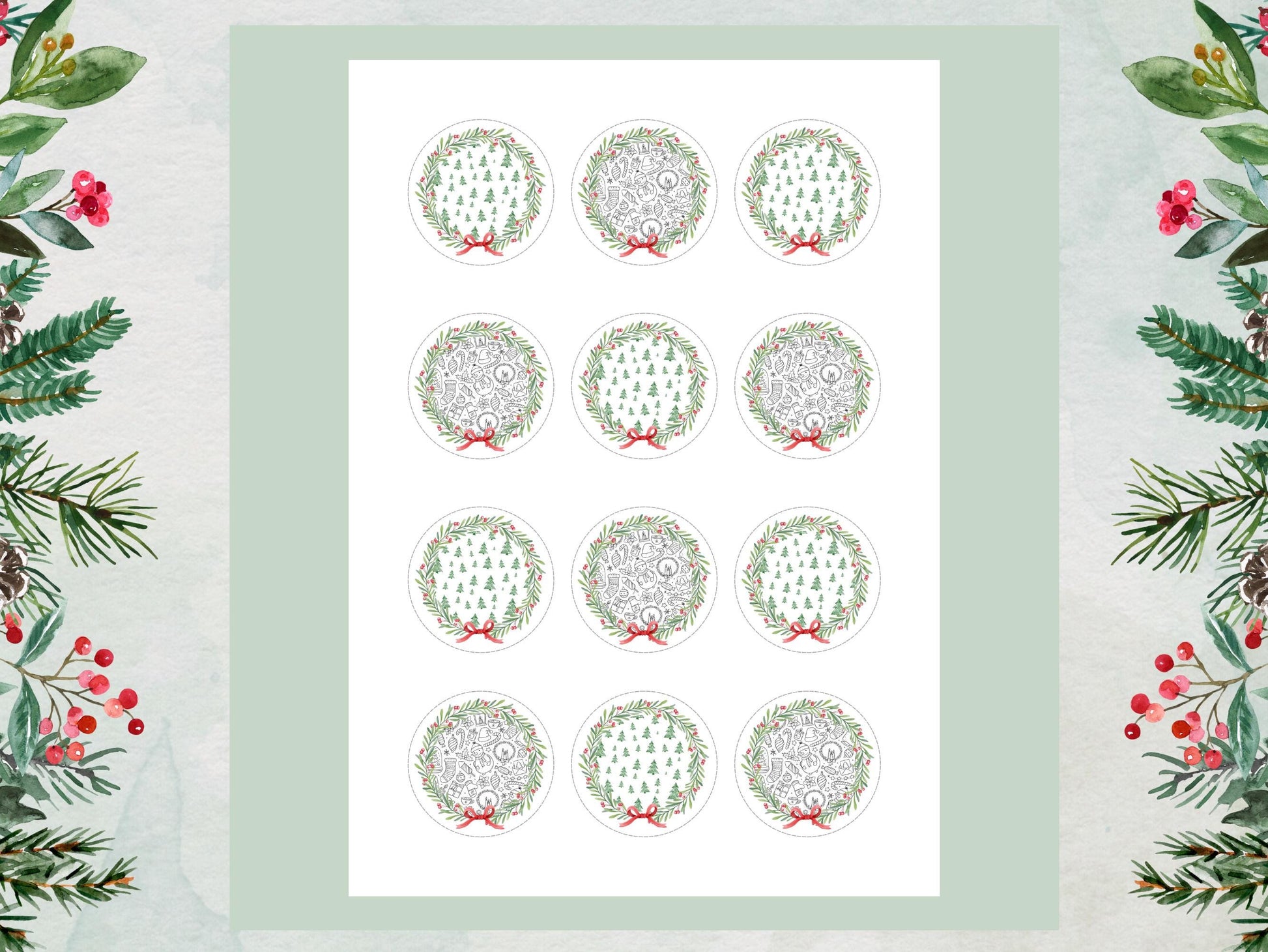 Christmas Wreath Cupcake Toppers: Edible Wafer Paper, Card, or Icing - 12 x 2"