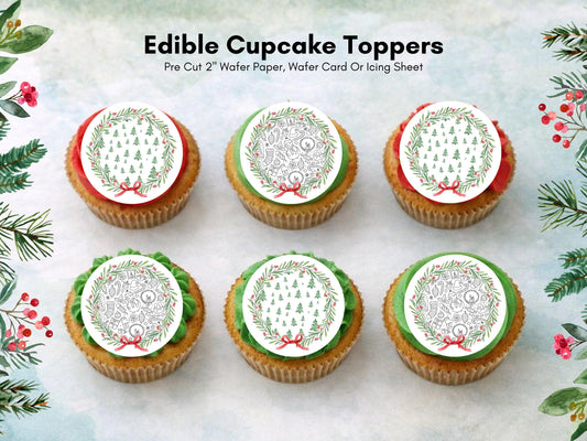 Christmas Wreath Cupcake Toppers: Edible Wafer Paper, Card, or Icing - 12 x 2"