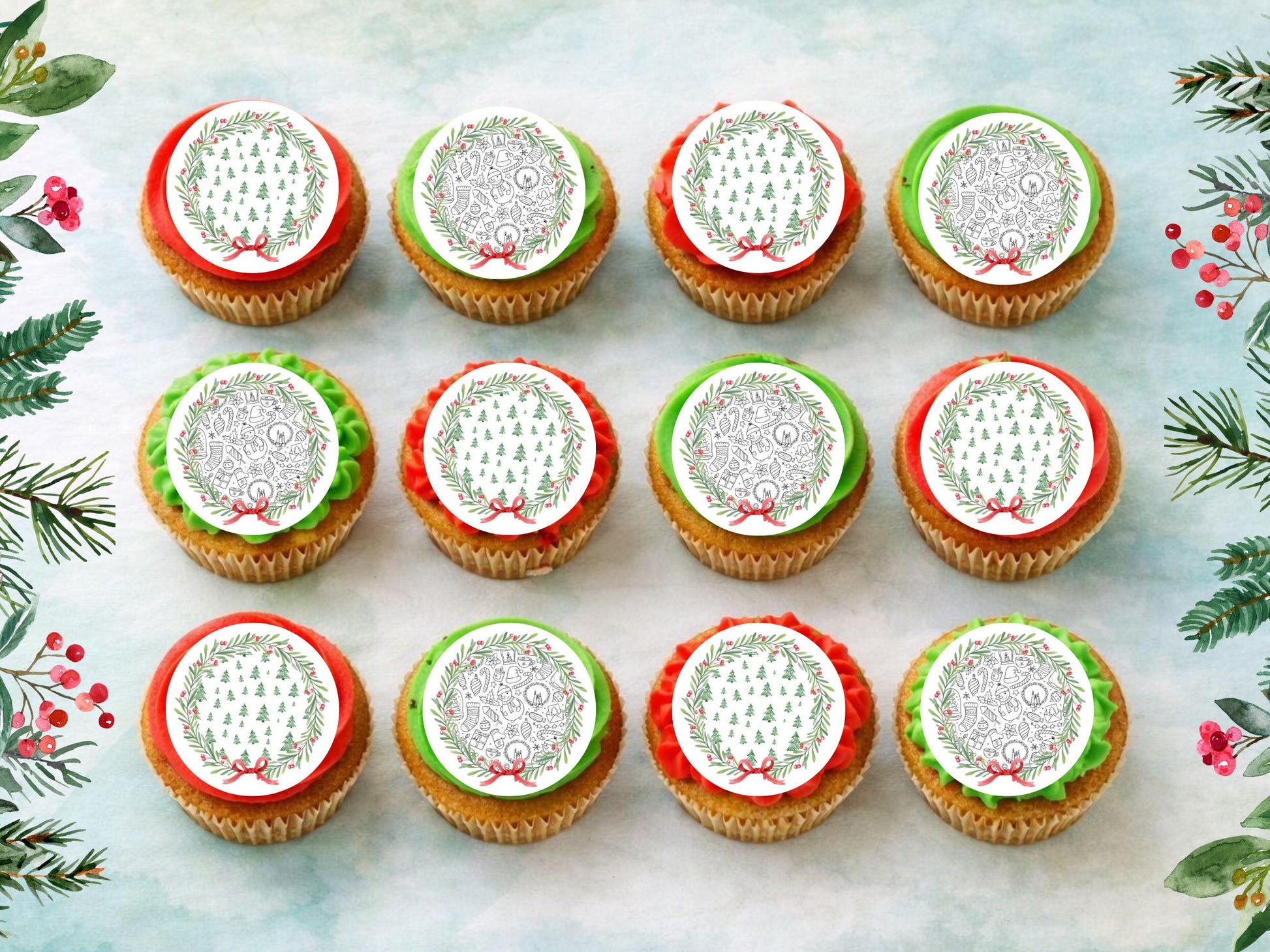 Christmas Wreath Cupcake Toppers: Edible Wafer Paper, Card, or Icing - 12 x 2"
