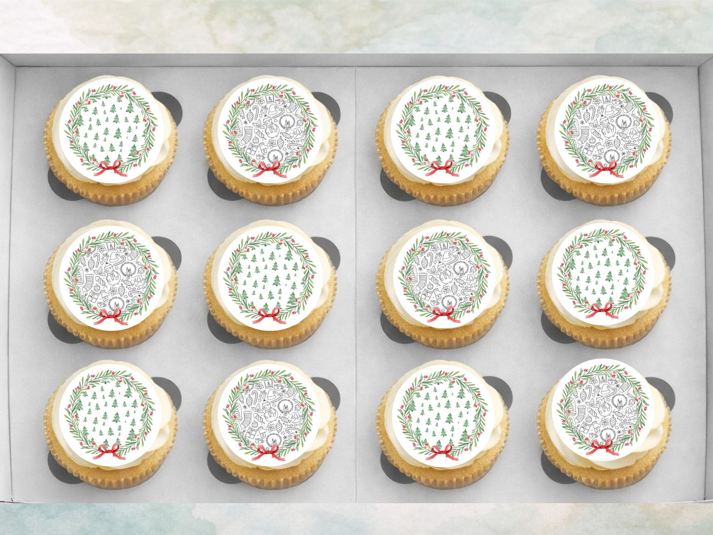 Christmas Wreath Cupcake Toppers: Edible Wafer Paper, Card, or Icing - 12 x 2"