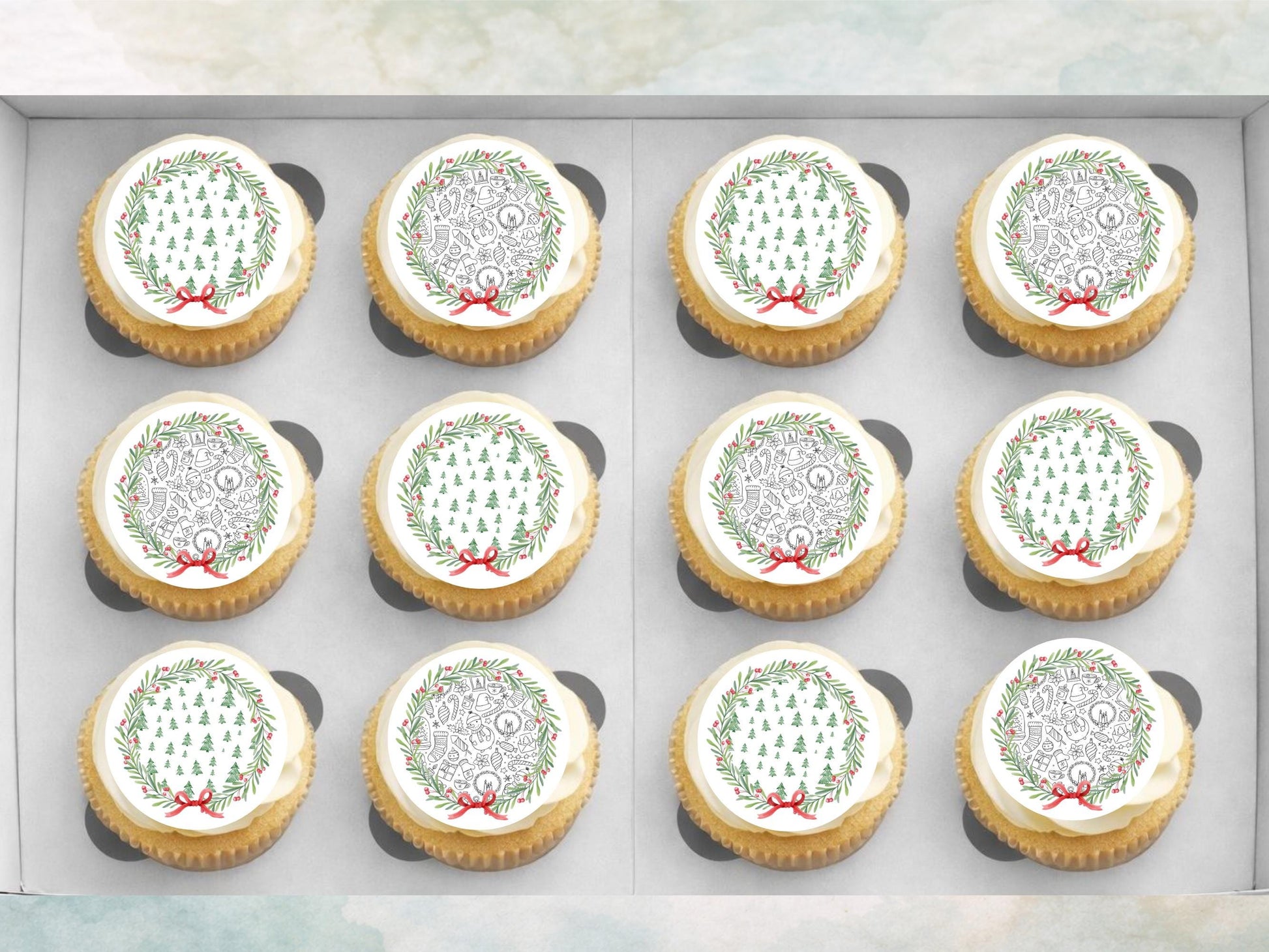 Christmas Wreath Cupcake Toppers: Edible Wafer Paper, Card, or Icing - 12 x 2"