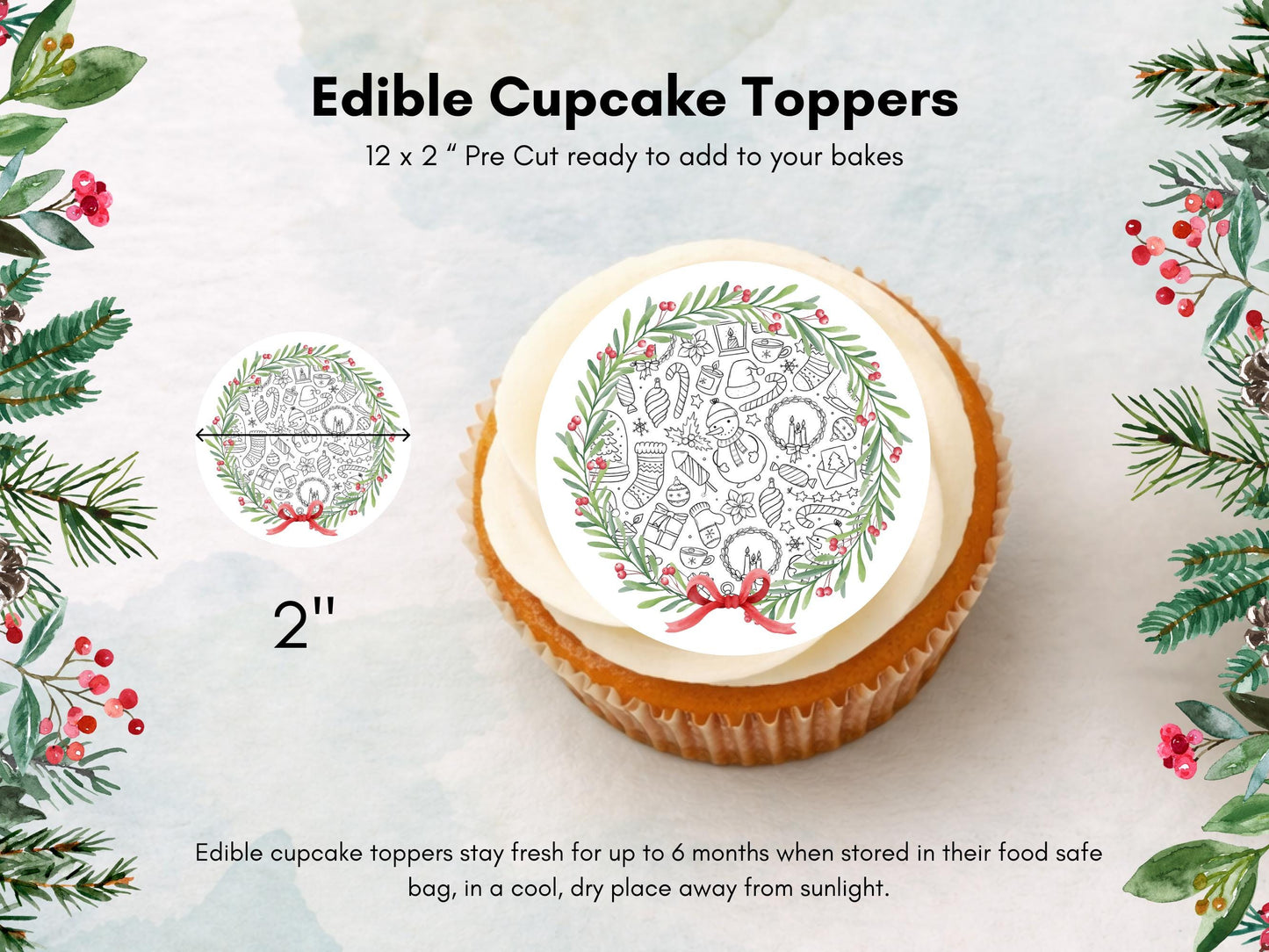 Christmas Wreath Cupcake Toppers: Edible Wafer Paper, Card, or Icing - 12 x 2"