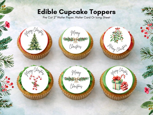 Merry Christmas Edible Cupcake Toppers: 2" Wafer Paper, Card, or Icing Sheet