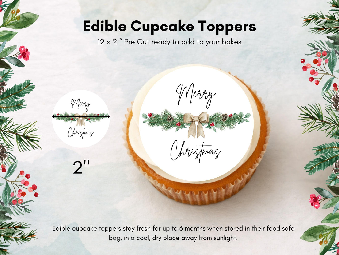 Merry Christmas Edible Cupcake Toppers: 2" Wafer Paper, Card, or Icing Sheet