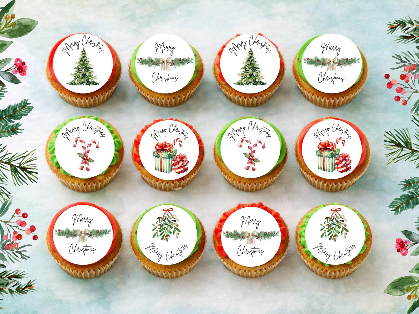 Merry Christmas Edible Cupcake Toppers: 2" Wafer Paper, Card, or Icing Sheet