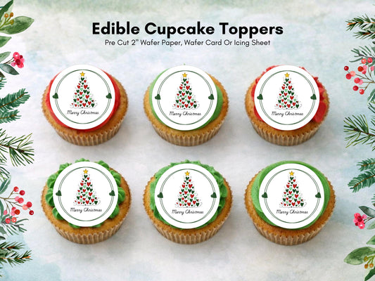 Merry Christmas Cupcake Toppers: Edible Wafer Paper, Card, or Icing (12 x 2")