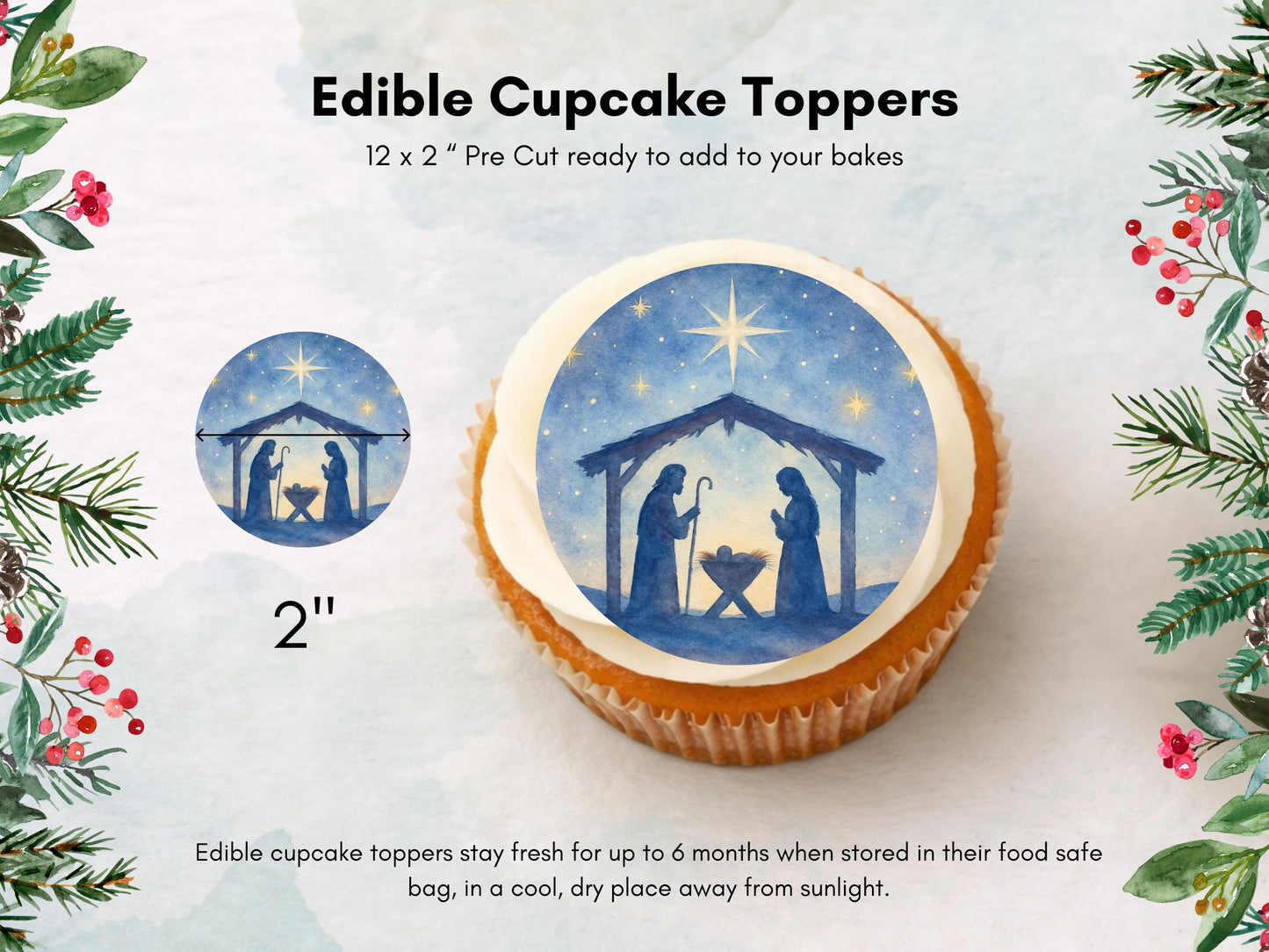 Christmas Nativity Edible Cupcake Toppers 12 x 2" Wafer Paper, Card, or Icing Sheet