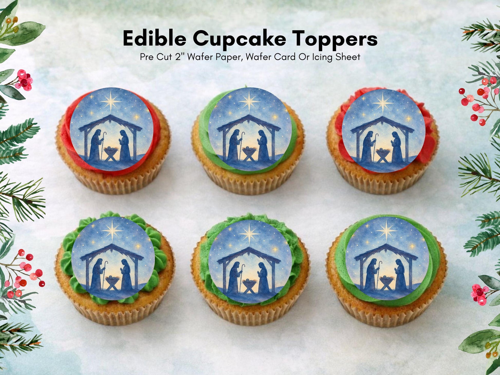 Christmas Nativity Edible Cupcake Toppers 12 x 2" Wafer Paper, Card, or Icing Sheet