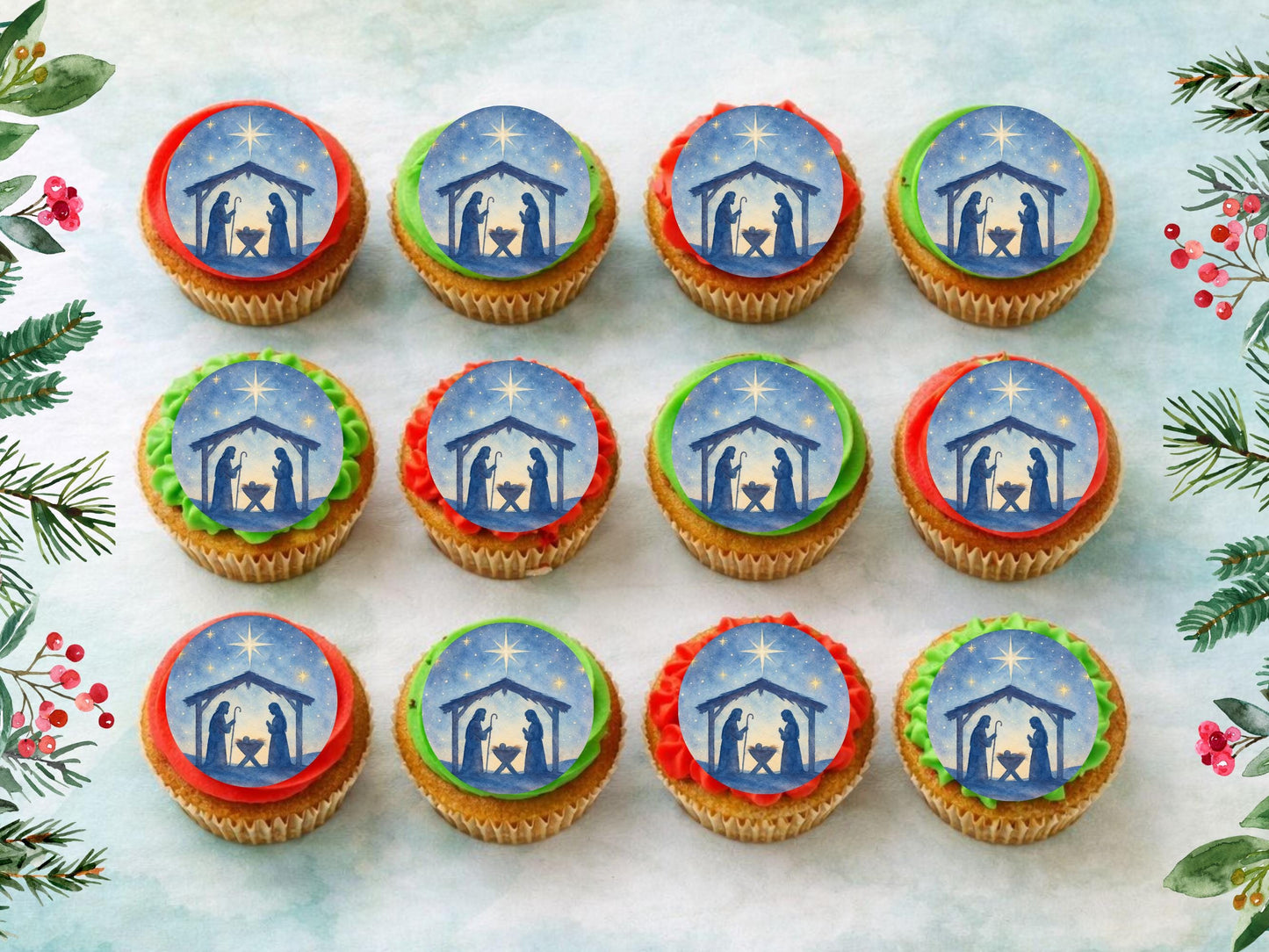 Christmas Nativity Edible Cupcake Toppers 12 x 2" Wafer Paper, Card, or Icing Sheet