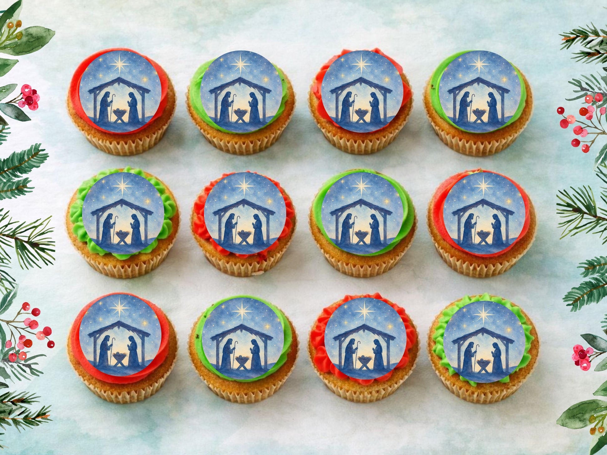 Christmas Nativity Edible Cupcake Toppers 12 x 2" Wafer Paper, Card, or Icing Sheet