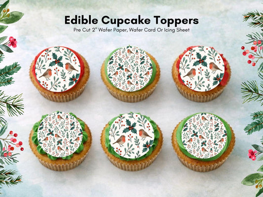 Christmas Robin & Holly Edible Cupcake Toppers: Festive Cake Decoration