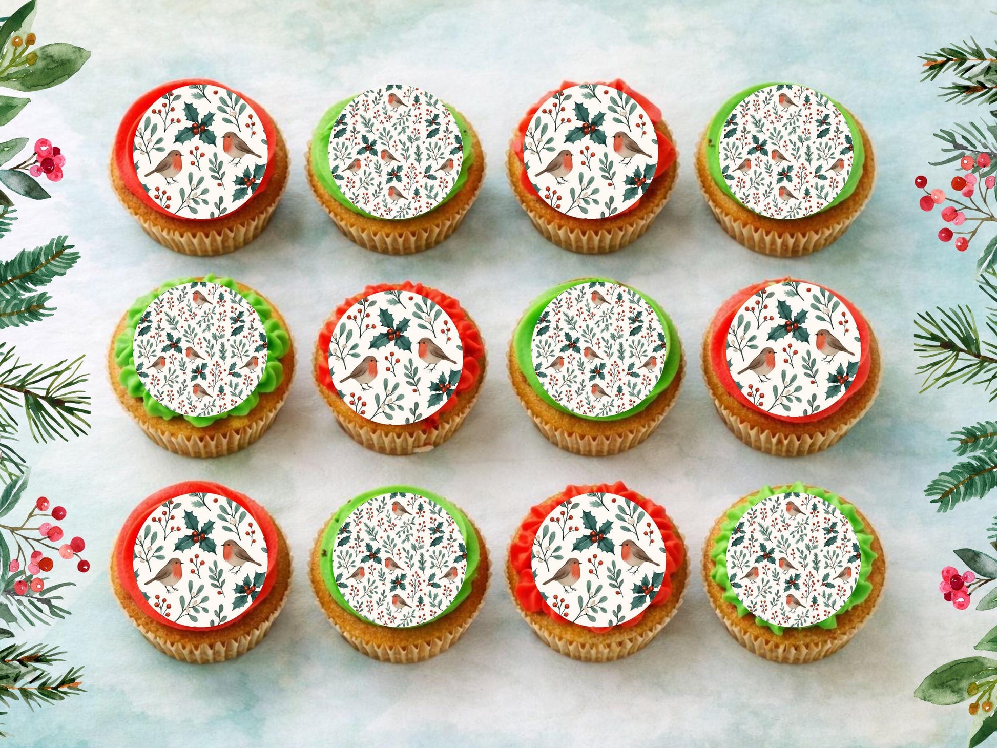 Christmas Robin & Holly Edible Cupcake Toppers: Festive Cake Decoration