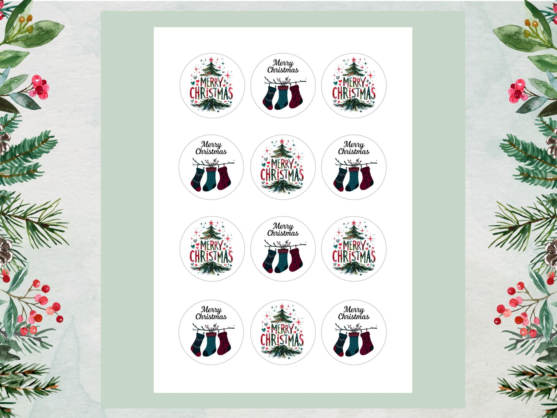 Christmas Edible Cupcake Toppers 12 x 2" – Pre cut Wafer Paper, Card or Icing Sheet, Merry Christmas Tree & Stocking Festive Cupcakes