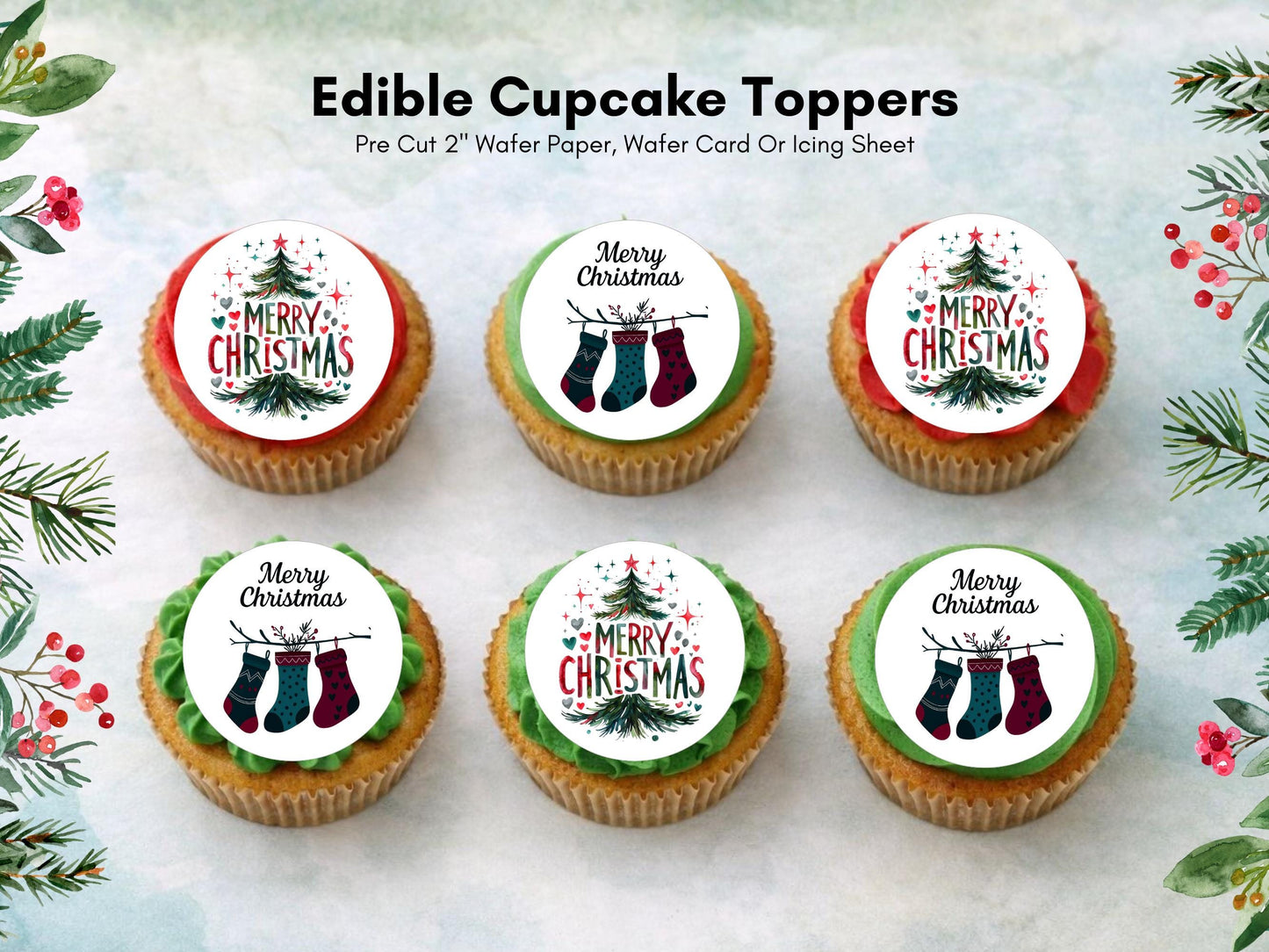 Christmas Edible Cupcake Toppers 12 x 2" – Pre cut Wafer Paper, Card or Icing Sheet, Merry Christmas Tree & Stocking Festive Cupcakes