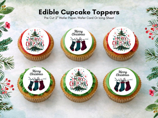 Christmas Edible Cupcake Toppers 12 x 2" – Pre cut Wafer Paper, Card or Icing Sheet, Merry Christmas Tree & Stocking Festive Cupcakes