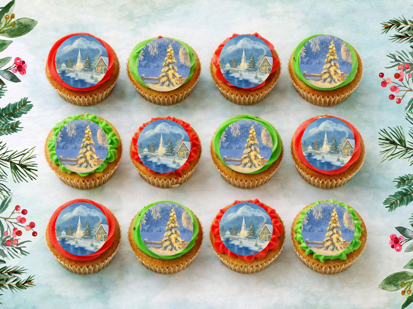 Christmas Village Edible Cupcake Toppers – Snowy Scene, 12 x 2" (Wafer Paper)