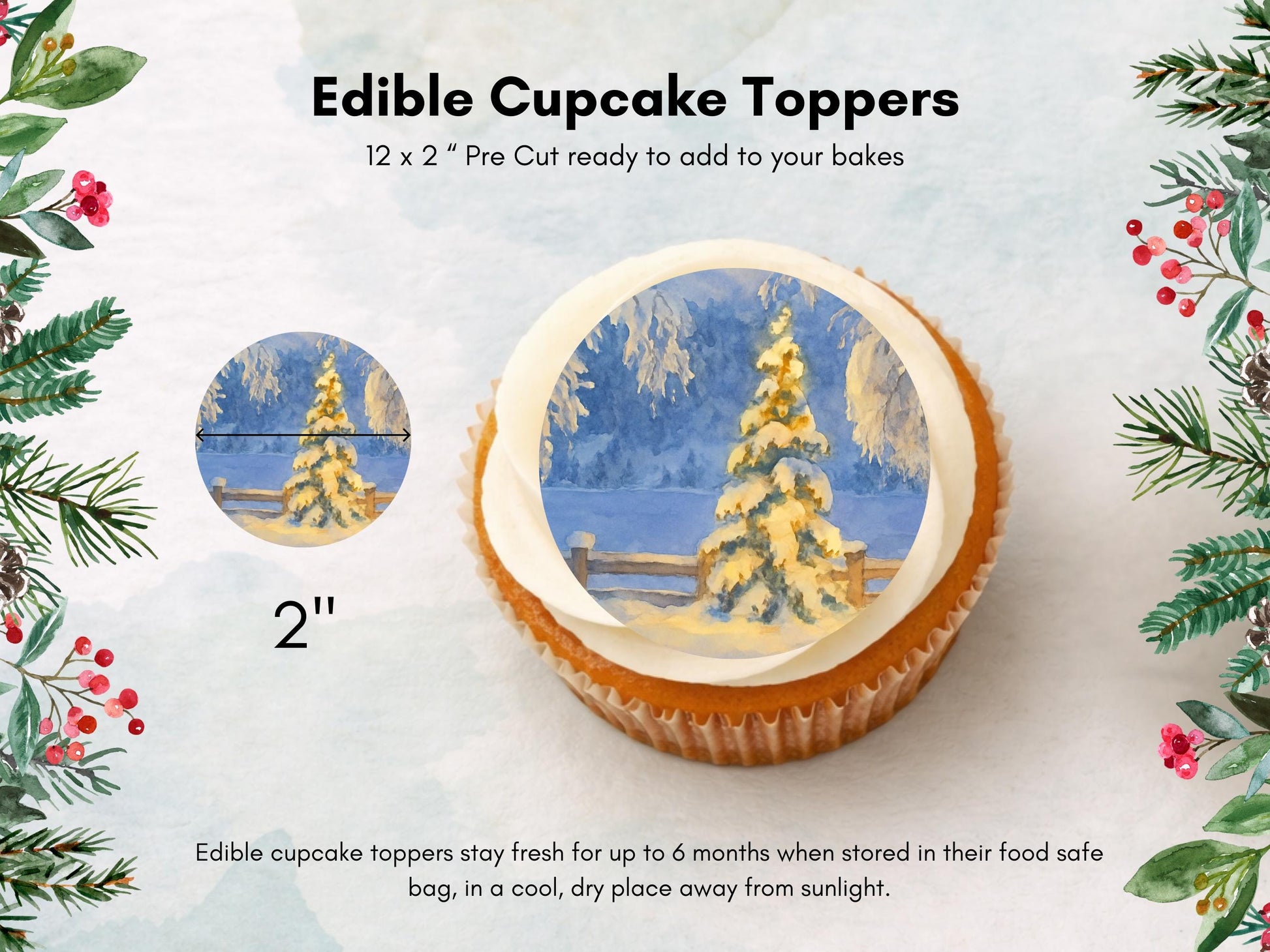 Christmas Village Edible Cupcake Toppers – Snowy Scene, 12 x 2" (Wafer Paper)