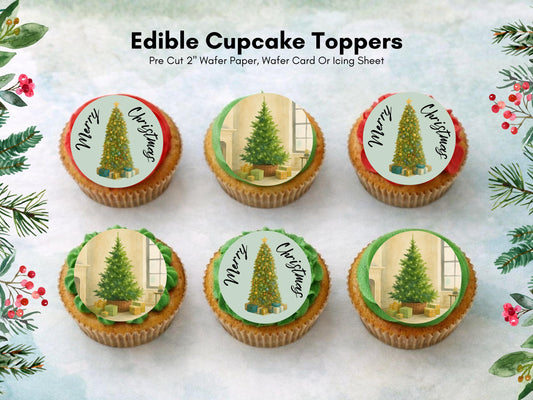 Christmas Tree Edible Cupcake Toppers – 2" Wafer Paper, Card, or Icing Sheet