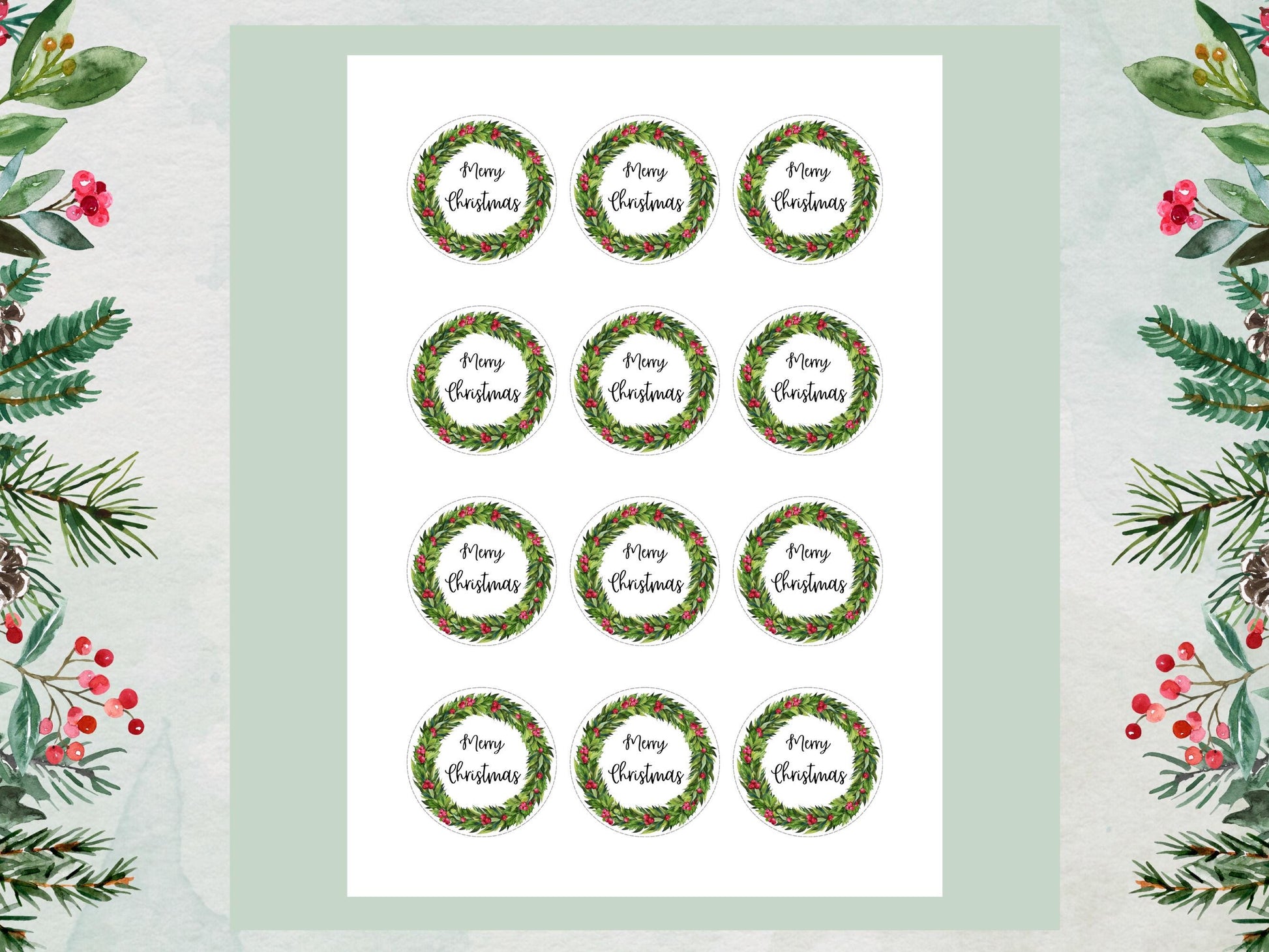 Christmas Cupcake Toppers – Merry Christmas Holly Wreath, Edible 2" (Pre-Cut)