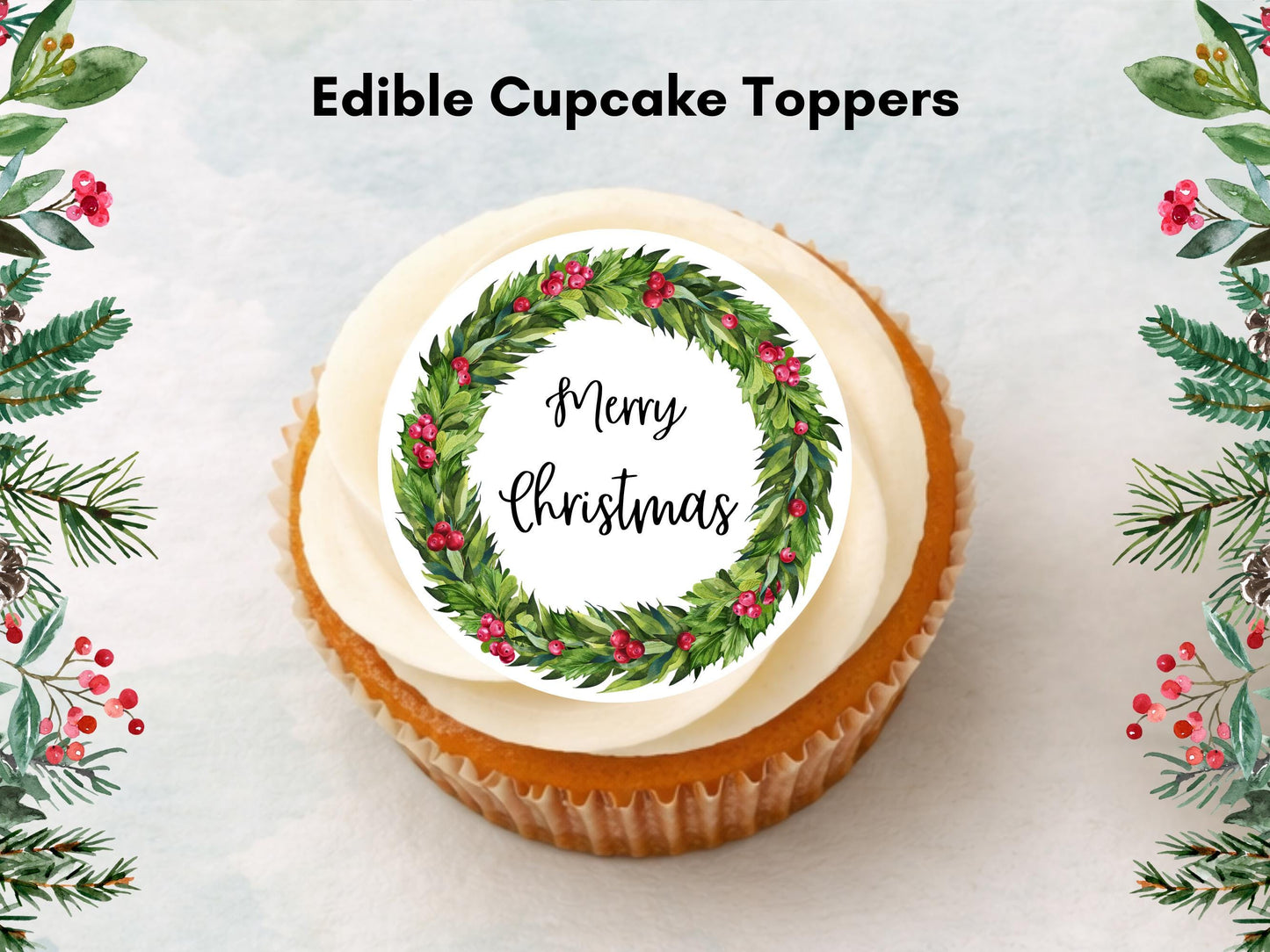 Christmas Cupcake Toppers – Merry Christmas Holly Wreath, Edible 2" (Pre-Cut)
